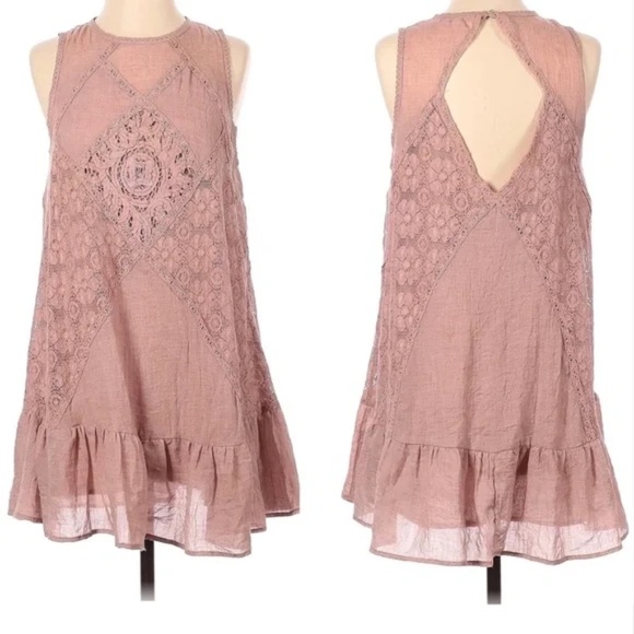 Umgee Sleeveless Lace Panel Ruffle Hem Mauve Mini Dress - Tunic Top Size L - Picture 2 of 11